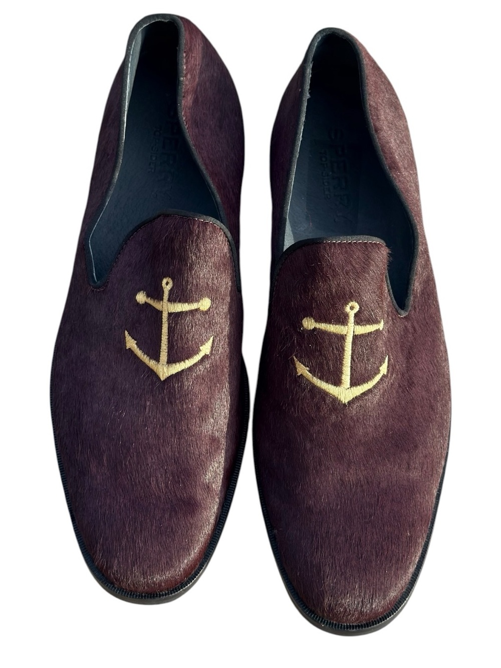 Sperry Overlook Smoking Loafers Pony Hair Gold Anchor Burgundy Men’s Size 12